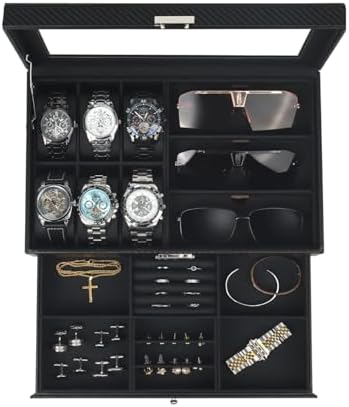 Mens Jewelry Box Organizer, 6 Watch Slots & 3 Sunglasses -All Black by KUKIKAN