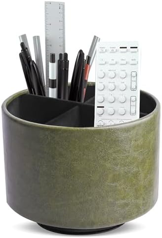 Round Leather Art Supply Organizer,Remote Control Holder,360 Degree Spinning,Multi-Functional Pencil Holder,4 Compartments Desktop Stationary Organizer(1-Oil Green) by Hennaja