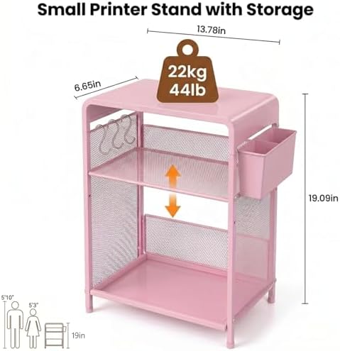 Small 3 Tier Printer Stand for Under Desk, Height Adjustable Shelf Printer Table with 3 S-Hooks & Basket, Heavy Duty Industrial Storage Shelf for Home Office (Pink) - Image 2