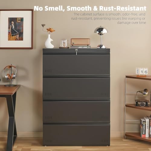 Metal File Cabinet with Lock, 4 Drawer Lateral File Cabinets for Home Office, Heavy Duty Office Storage Cabinet for A4/Letter/Legal Size, Assembly Required(Black) - Image 6