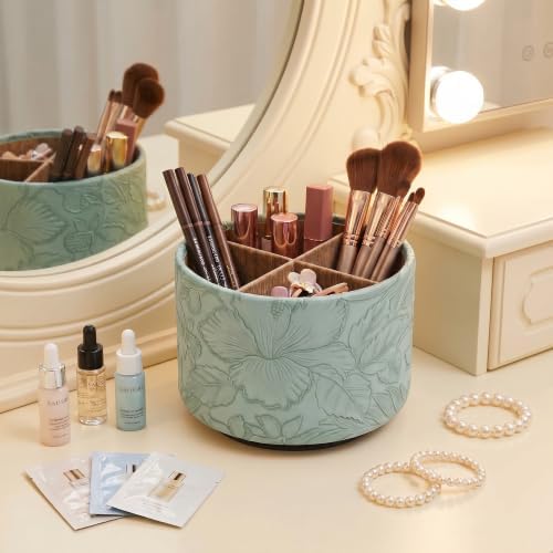 Round Leather Art Supply Organizer,Remote Control Holder,360 Degree Spinning,Multi-Functional Pencil Holder,4 Compartments Desktop Stationary Organizer(1-Wood Green2) - Image 7