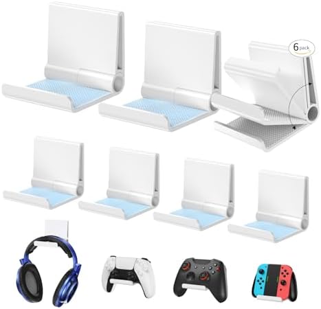 6amLifestyle 6 Pack Foldable Controller Wall Mount Holder for Xbox PS5 PS4 PS3 Switch Pro Strong Adhesive/Screw Controller Hanger Hook with Anti-Slip Pad Universal Gaming Remote Accessories, White by 6amLifestyle