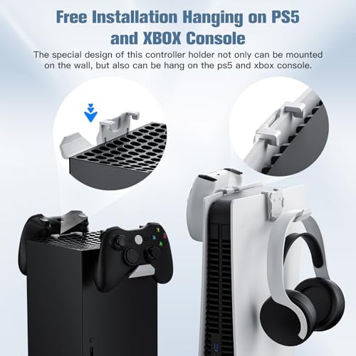 KUNSLUCK 4 Pack Controller Wall Mount for PS5, Xbox, Switch Controller, Wall Mount Stand for Controller&Headset, Adhesive/Screws Installation (White) - Image 2