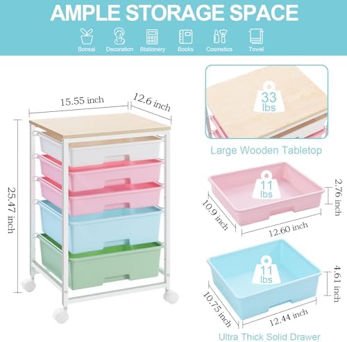 Utility Cart with 5 Drawers with Wooden Top, Rainbow - Image 3