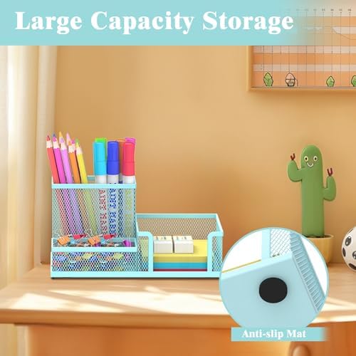 Mesh Pen Holder Desk Organizer, Office Supplies Pencil Storage with 3 Compartments, Office Desk Accessories and Workspace Organizers for Home School, Blue - Image 5