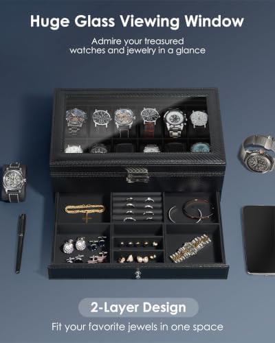 Mens Watch Box Jewelry Organizer,12-Slot 2-Layer Case -All Black - Image 2