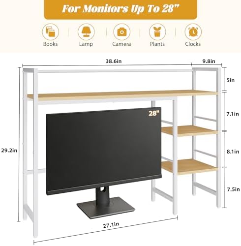 Desk Shelf, 38.6 Inch Wood Desk Organizer Shelf for Computer Monitor, Desk Hutch Storage, Desktop Shelf for Top of Desk, 3 Tier Desktop Bookshelf for Home Office Dorm, White - Image 3