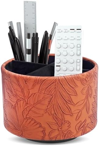 Round Leather Art Supply Organizer,Remote Control Holder,360 Degree Spinning,Multi-Functional Pencil Holder,4 Compartments Desktop Stationary Organizer(1-Carved Brown) by Hennaja