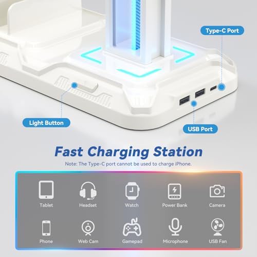 KDD Headset Stand with Charging Station - Detachable Controller Holder with 9 Light Modes - Rotatable Headphone Hanger with USB A&C Charger Ports - Earphone Hook for PC Gaming Accessories Storage - Image 3
