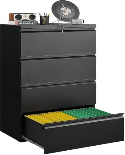 Metal File Cabinet with Lock, 4 Drawer Lateral File Cabinets for Home Office, Heavy Duty Office Storage Cabinet for A4/Letter/Legal Size, Assembly Required(Black) by GUIZEEOPO