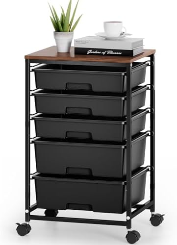 5-Tier Rolling Cart with Drawers with Wooden Top, Black by SYKIARIOL