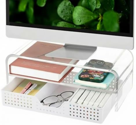 Desk Organizer and Accessories, 2-Tier Computer Monitor Stand Riser with Drawer and 2 Pen Holders, Laptop Stand, Office Desk Accessories for Office Supplies, Transparent by OPNICE