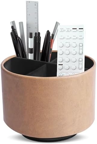 Round Leather Art Supply Organizer,Remote Control Holder,360 Degree Spinning,Multi-Functional Pencil Holder,4 Compartments Desktop Stationary Organizer(1-Oil Yellow) by Hennaja