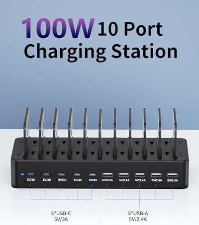 100W Charging Station for Multiple Devices, 10-Port USB Fast Charger, Black - Image 2