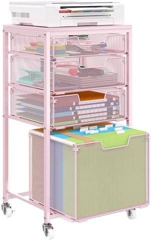 4 Drawer Rolling File Cart Under Desk Storage, File Cabinets for Home Office, Mobile Filing Cabinet, Hanging File Organizer with Wheels, Utility Cart Printer Stand, Pink by shengbaomaoyi