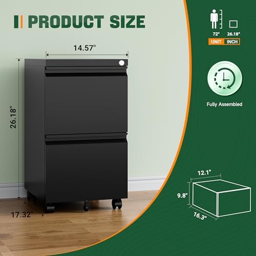 Mobile File Cabinet with Lock,2 Drawer Under Desk Metal Rolling Filing Cabinets for Home Office Organizer Letters/Legal/A4(Fully Assembled-Black) - Image 2