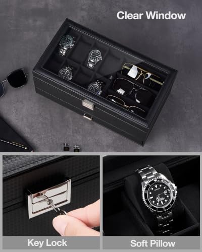 ProCase Mens Jewelry Box, Lockable 8 Slot Watch Case & 3 Slot Sunglasses Organizer, 2-layer Mens Jewelry Organizer Watch Box for Men, Watches Holder Display Storage, Fathers Day Gift -AllBlack - Image 4