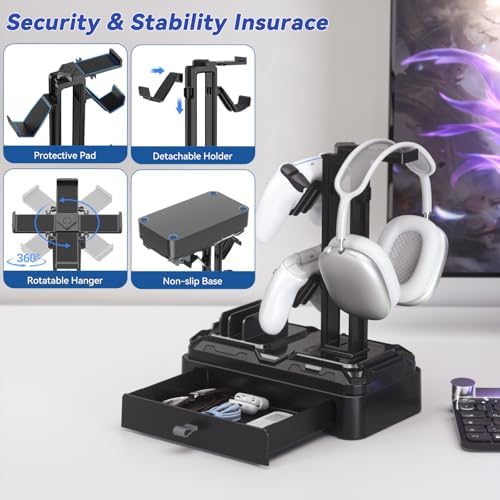 KDD Headphone Stand with Drawer - Rotatable Headset & Detachable Controller Holder for Desk - Multifunctional Organizer with Device Slot for Phones, Tablets - Universal for Gaming Accessories - Image 3