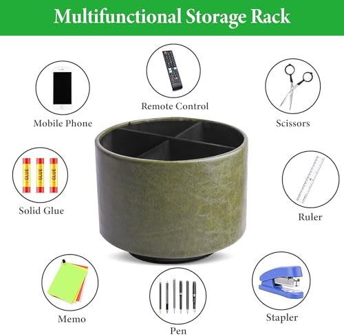 Round Leather Art Supply Organizer,Remote Control Holder,360 Degree Spinning,Multi-Functional Pencil Holder,4 Compartments Desktop Stationary Organizer(1-Oil Green) - Image 5