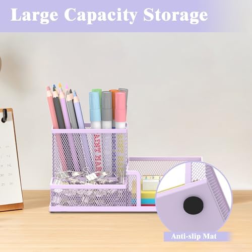 Mesh Pen Holder Desk Organizer, Office Supplies Pencil Storage with 3 Compartments, Office Desk Accessories and Workspace Organizers for Home School Classroom, Purple - Image 2