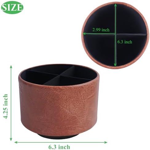 Round Leather Art Supply Organizer,Remote Control Holder,360 Degree Spinning,Multi-Functional Pencil Holder,4 Compartments Desktop Stationary Organizer(1-Crazy Red) - Image 2
