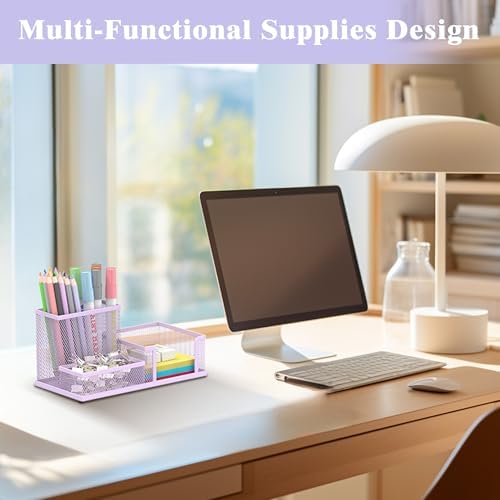 Mesh Pen Holder Desk Organizer, Office Supplies Pencil Storage with 3 Compartments, Office Desk Accessories and Workspace Organizers for Home School Classroom, Purple - Image 5