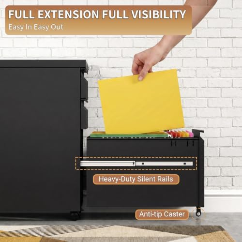 3 Drawer File Cabinet with Lock and Casters, Black - Image 5