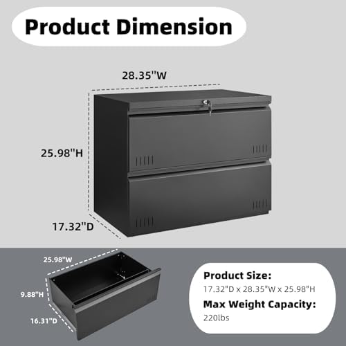 2 Drawer File Cabinet, File Cabinets for Home Office, Printer Stand, File Cabinet with Lock, Lateral Filing Cabinet for A4/Letter/Legal Size File Folders, Assembly Required(Black) - Image 3