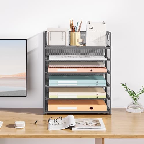 6-Tier Desk Paper Organizer, Desktop File Letter Tray with Handle, Document Sorter and Accessories Holder for Office, Home and School Workspace Organizers, Gray-2 Pack - Image 7
