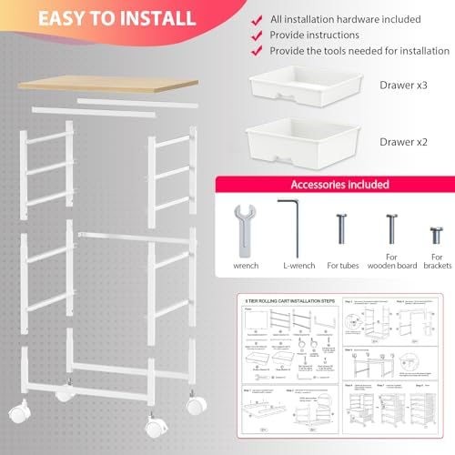 Rolling Cart with 5 Drawers for Craft, Art, Dorm, Office, White - Image 6