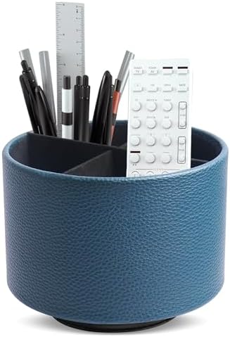 Round Leather Art Supply Organizer,Remote Control Holder,360 Degree Spinning,Multi-Functional Pencil Holder,4 Compartments Desktop Stationary Organizer(1-Lichee Green) by Hennaja