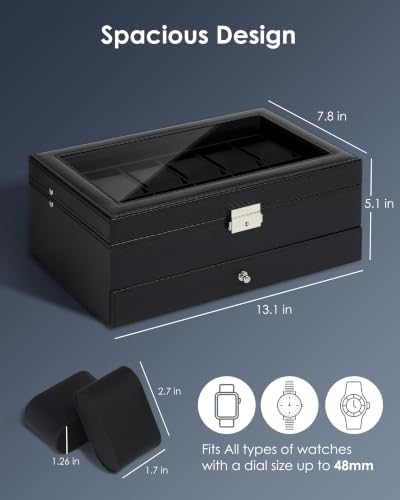 Mens Watch Box Jewelry Organizer,12-Slot 2-Layer Case -All Black - Image 6