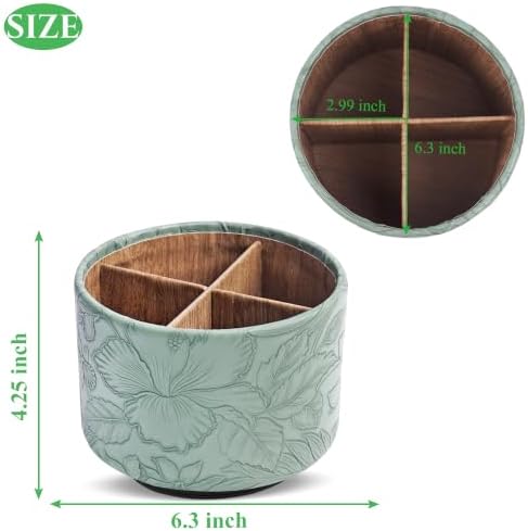 Round Leather Art Supply Organizer,Remote Control Holder,360 Degree Spinning,Multi-Functional Pencil Holder,4 Compartments Desktop Stationary Organizer(1-Wood Green2) - Image 2