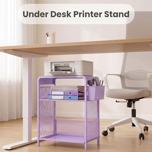 Small 3 Tier Printer Stand for Under Desk, Height Adjustable Shelf Printer Table with 3 S-Hooks & Basket, Heavy Duty Industrial Storage Shelf for Home Office (Purple) - Image 4