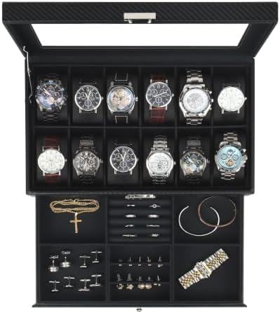 Mens Watch Box Jewelry Organizer,12-Slot 2-Layer Case -All Black by KUKIKAN
