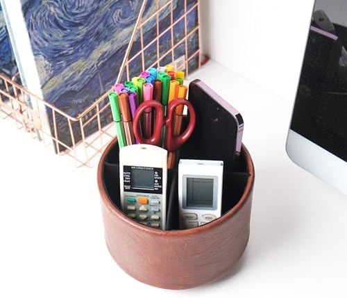 Round Leather Art Supply Organizer,Remote Control Holder,360 Degree Spinning,Multi-Functional Pencil Holder,4 Compartments Desktop Stationary Organizer(1-Crazy Red) - Image 6