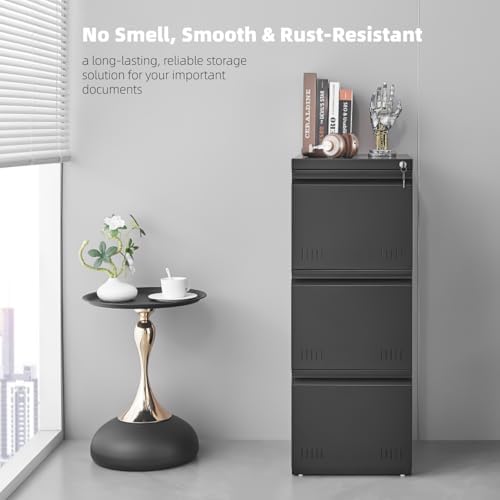 Vertical 3 Drawer File Cabient with Lock, Metal Filing Cabinets for Home Office, Heavty Duty Office Storage Cabinet for A4/Letter/Legal (Matte Black) - Image 3