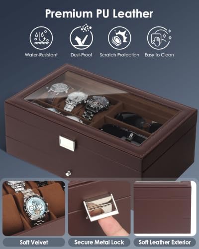 Mens Jewelry Box Organizer, 6 Watch Slots & 3 Sunglasses -Brown - Image 5