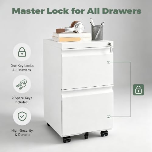 Fully Assembled 2 Drawer File Cabinet, Locking Filing Cabinet with Anti-Tipping Wheels, Quiet Slide, Heavy-Duty Steel Construction, Fits A4 Letter Legal for Home Office, Matte White - Image 7