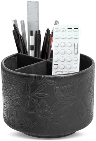 Round Leather Art Supply Organizer,Remote Control Holder,360 Degree Spinning,Multi-Functional Pencil Holder,4 Compartments Desktop Stationary Organizer(1-Carved Black) by Hennaja