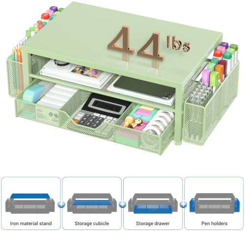 Desk Organizer and Accessories, 2-Tier Computer Monitor Stand Riser with Drawer and 2 Pen Holders, Laptop Stand, Office Desk Accessories for Office Supplies, Light Green - Image 6