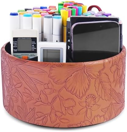 Remote Control Holder, 360°Spinning PU Leather Desk TV Remote Caddy,Desk Storage Box Room Accessories for Controller, Media,Mail,Calculator, Mobile Phone,Pencil(1-Carved Brown) by Hennaja