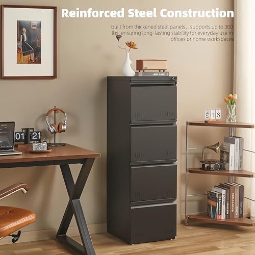 Metal File Cabinet with Lock, Vertical 4 Drawer File Cabinets for Home Office, Heavy Duty Office Storage Cabinet for A4/Letter/Legal Size, Assembly Required(Black) - Image 6