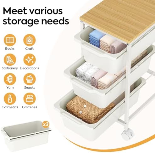 Slim Rolling Cart with 3 Drawers, Metal Utility Storage Cart - Image 3