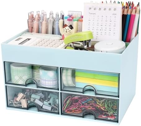 Desk Organizer, Office Organizer with Drawer, Desk Accessories & Workspace Organizers, Pen Holder Office Supplies for Desk (4 Drawers+4 Compartments, Blue) by Meiikun