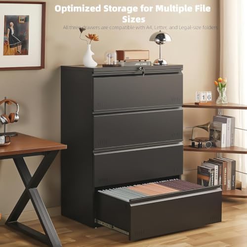 Metal File Cabinet with Lock, 4 Drawer Lateral File Cabinets for Home Office, Heavy Duty Office Storage Cabinet for A4/Letter/Legal Size, Assembly Required(Black) - Image 5