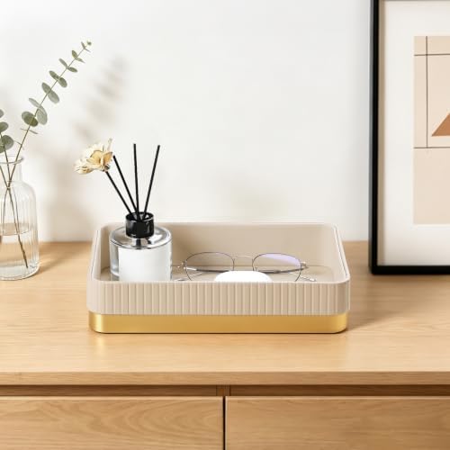 Valet Tray Organizer Bedside Nightstand Organizer Desk Catchall Tray (Beige-Gold Trim) - Image 2