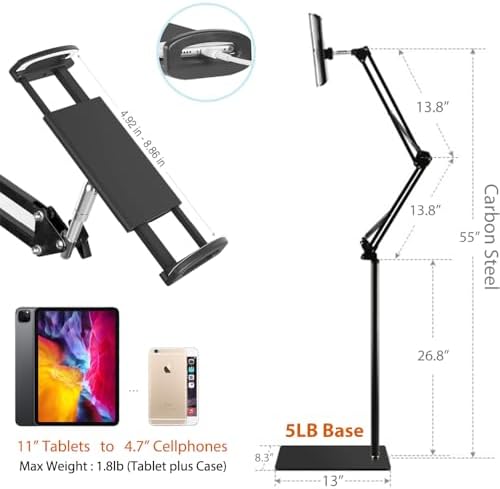 Tablet Floor Stand with 5LB Metal Base, Overhead Bed Phone Stand Angle Height Adjustable Holder, Universal Floor Stand Compatible with iPhone iPad Pro Air Mini, Samsung Tab, Kindle, E-Readers - Image 3