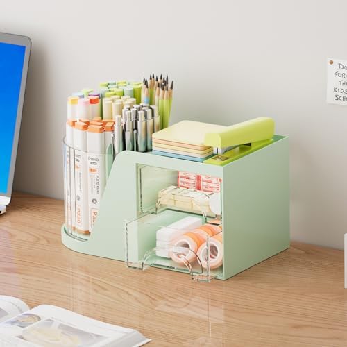 Marbrasse Desk Organizer with 2 Drawer, 360°Rotating Pen Holder, Desk Organizers and Accessories with 6 Slots Pencil Holder + 2 Drawer, Art Supply Storage Box Caddy for Office (Green) - Image 4
