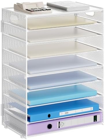Marbrasse Paper Organizer Letter Tray, 9 Tier Mesh File Organizer with Handle, Paper Sorter Desk Organizer for Home Office Supplies - White by Marbrasse